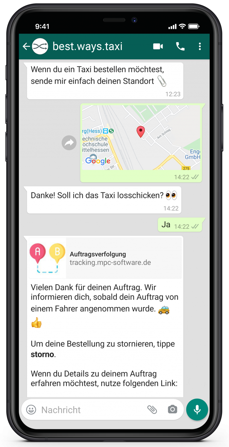 Ein Chatfenster der WhatsApp Taxibestellung